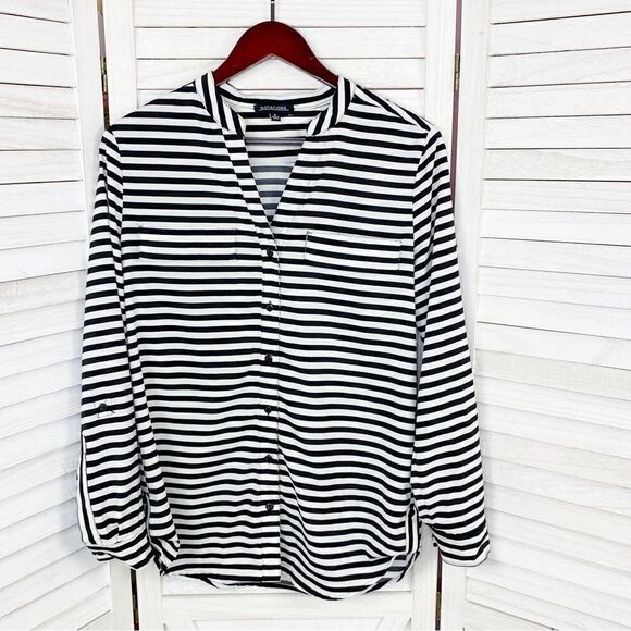 Notations Striped Button Front Blouse Black White Small - Picture 8 of 14